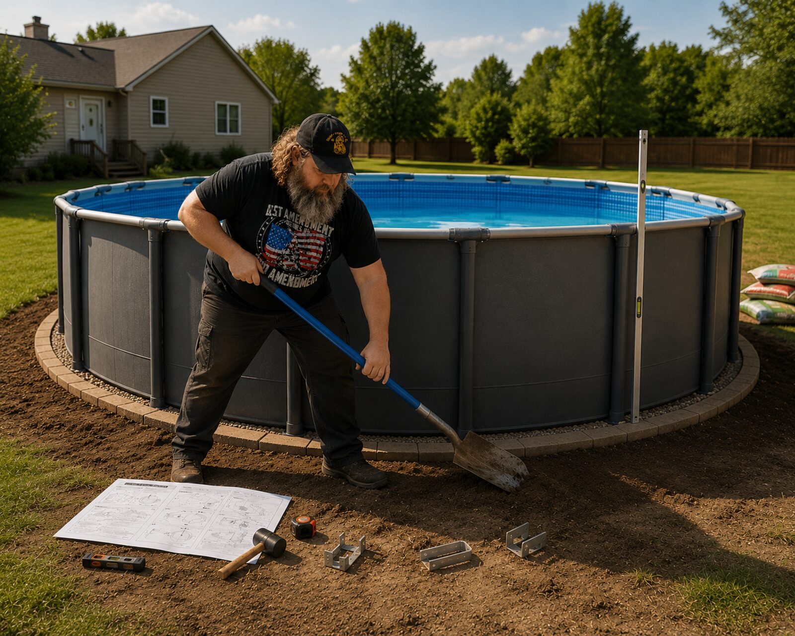 Jason assembling an above-ground pool in a Genesee County backyard