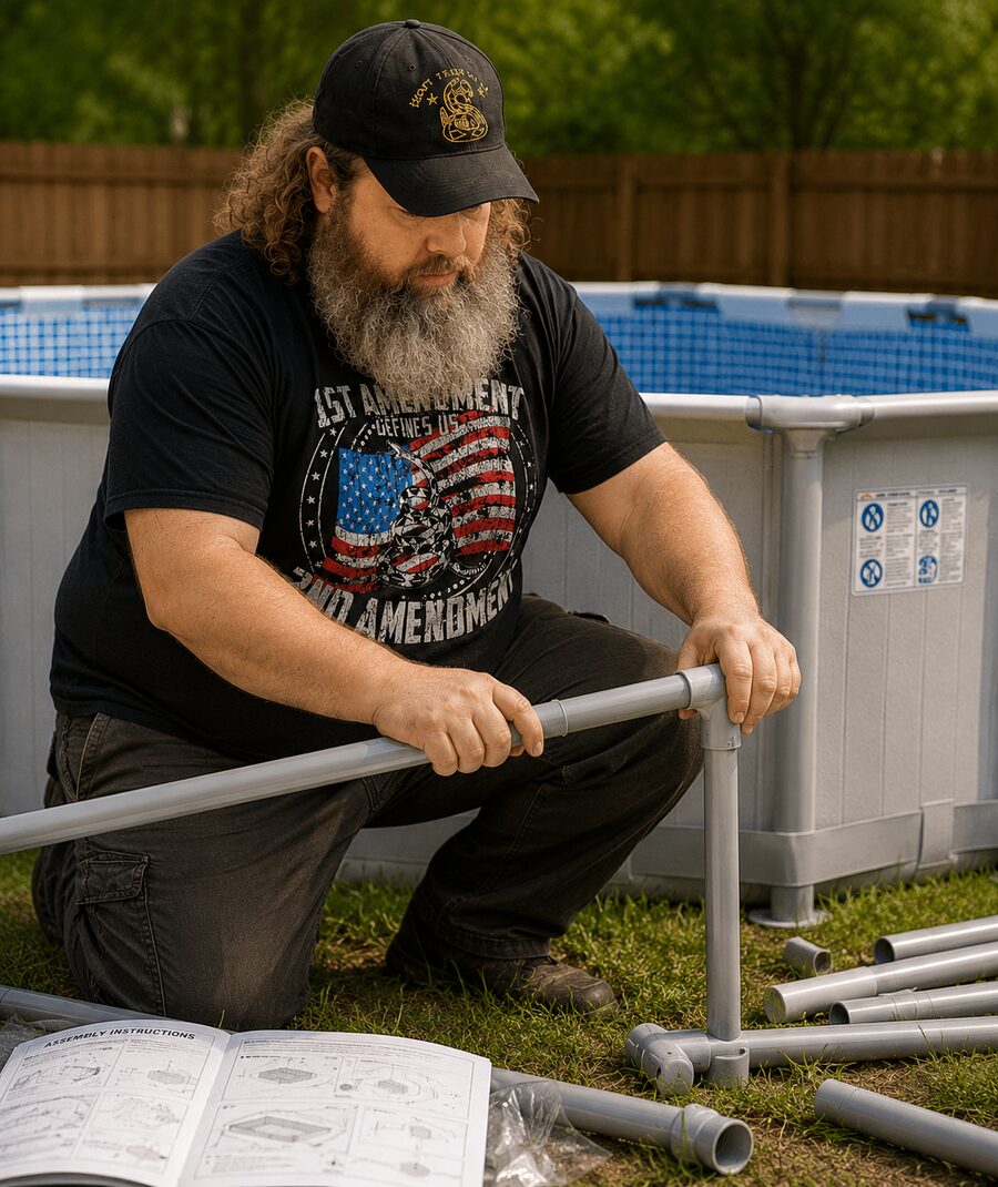 Jason assembling an above-ground pool frame