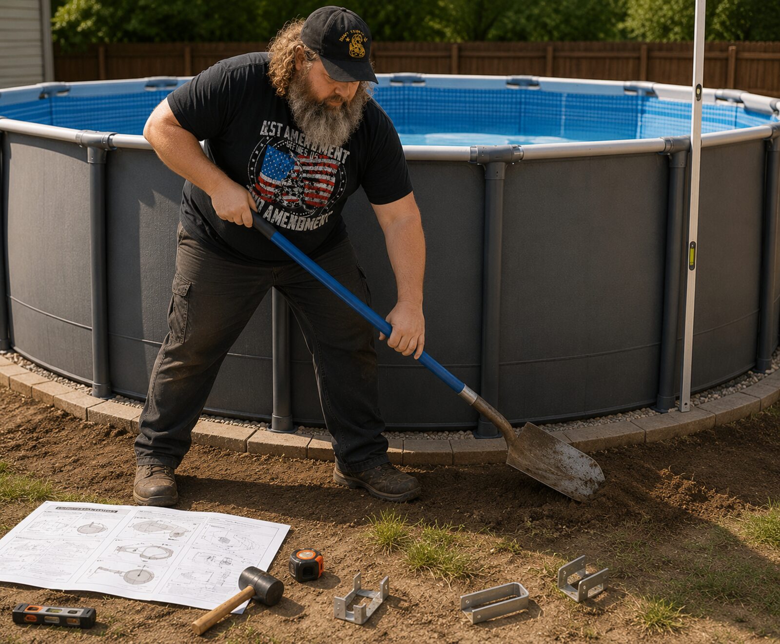 Jason assembling an above-ground pool in Davison, Michigan